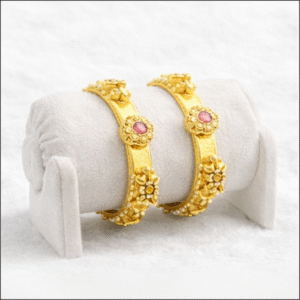 Floral Ruby Accent Gold Bangles (Pair)