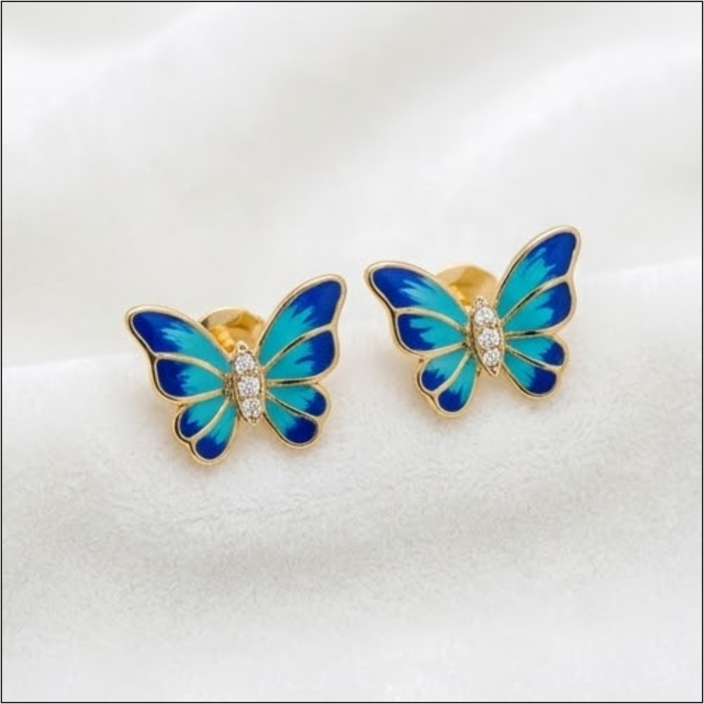Gold Blue Butterfly Stud Earrings