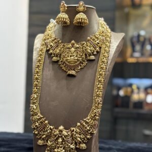 Antique Temple Jewellery Long Gold Haram Set with Jhumkas