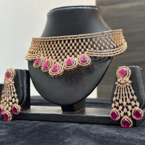 Rose Gold AD Choker Set with Ruby Teardrop Stones