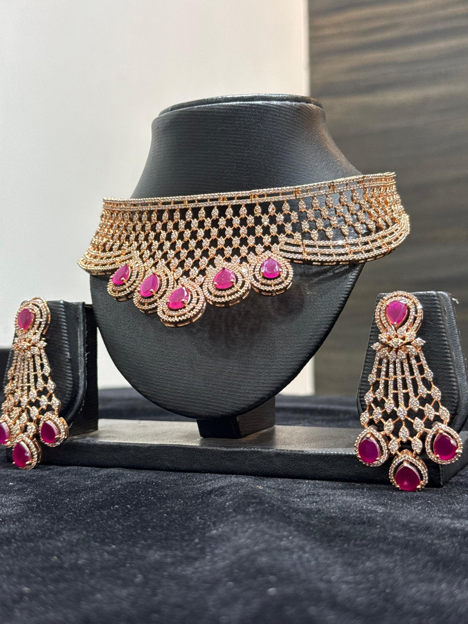 Rose Gold AD Choker Set with Ruby Teardrop Stones