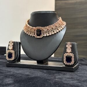 Elegant Rose Gold AD Choker Set with Sapphire Blue Stone
