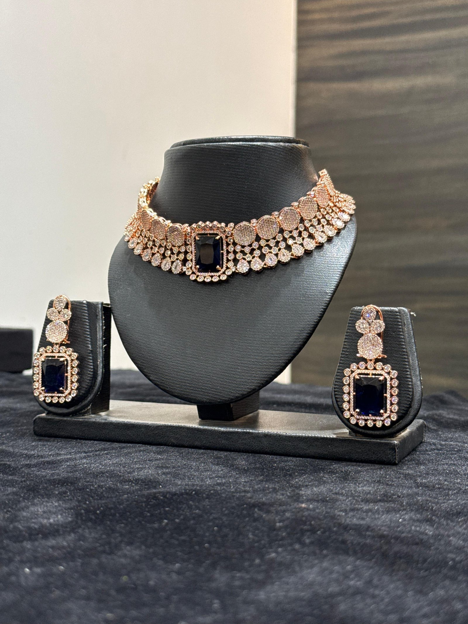 Elegant Rose Gold AD Choker Set with Sapphire Blue Stone