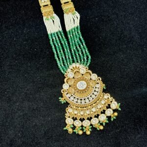 Layered Pearl & Emerald Green Beaded Rani Haar with Pendant