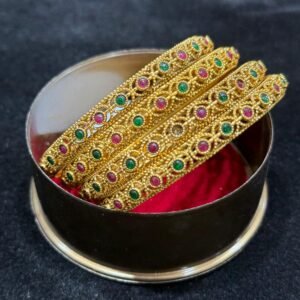 Elegant Gold Finish Bangles with Ruby & Emerald Stones (Set of 4)