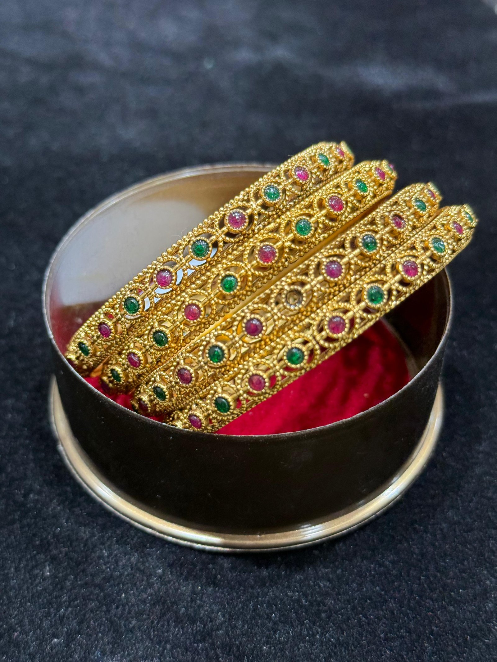 Elegant Gold Finish Bangles with Ruby & Emerald Stones (Set of 4)